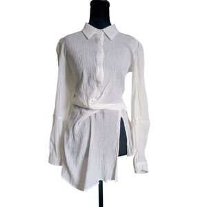 S Deer French Vintage White Textured Poetcore Balloon Sleeve Aysemtrical Blouse